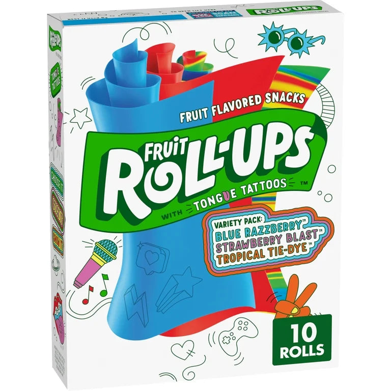 Voćni Roll-Ups raznolik paket s 10 rolica, kartonska kutija s oznakom okusa